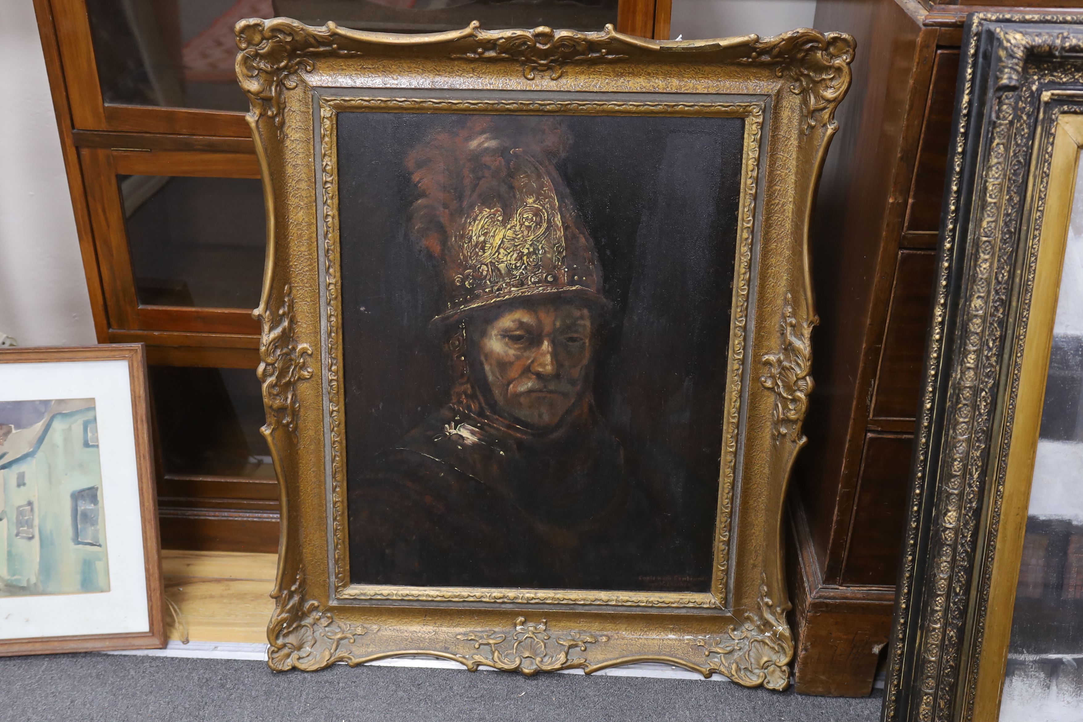 W Loschke, After Rembrandt (Dutch, 1606-1669), oil on board, ‘The man with the golden helmet’, signed, 65 x 50cm